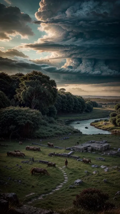 in the year 54 BC in Gaul, land of legends and mysteries. Under the wild sky, Julius Caesar encountered fierce tribes, whose warriors were like shadows in the deep forests. hyper realistic image 8k uhd 5d panoramic view. cinematic effect.