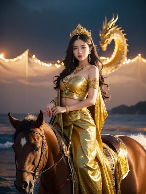 A golden carriage being pulled by 4 white horses, a Javanese woman sitting in the carriage, a beautiful woman with a charming smile, long hair, wearing a small gold crown, jasmine rojce hanging down her chest from ear to chest, wearing a green camisole (ke...