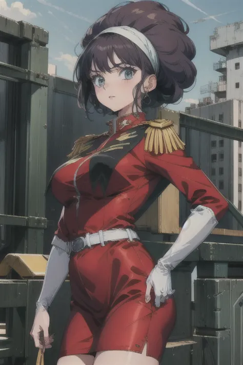 masterpiece, best quality, 1girl, cowboy shot, mari,skirt, red uniform,zeon, tight,  upper body,