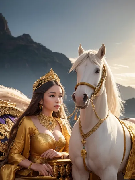 A golden carriage being pulled by 4 white horses, a Javanese woman sitting in the carriage, a beautiful woman with a charming smile, long hair, wearing a small gold crown, jasmine rojce hanging down her chest from ear to chest, wearing a green camisole (ke...