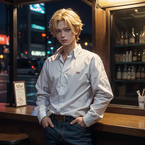 handsome, anime young man, blonde hair, blue eyes, smoking cigarette outside a bar at night, wearing baggy clothes