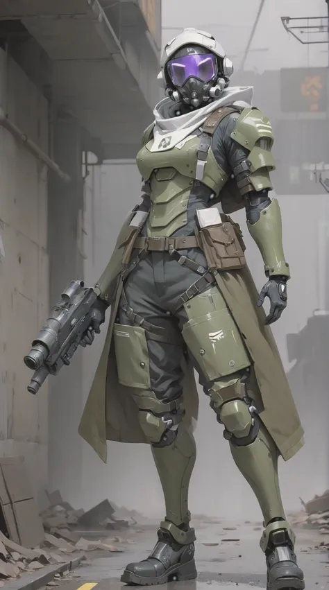 A post-apocalyptic style male survivor, has a white sci-fi helmet sallet, a respirator under the helmet, a closed trench coat, an arm with a black and purple sci-fi gauntlet, knee high boots, black pants, and three layers of torn olive green ponchos, style...