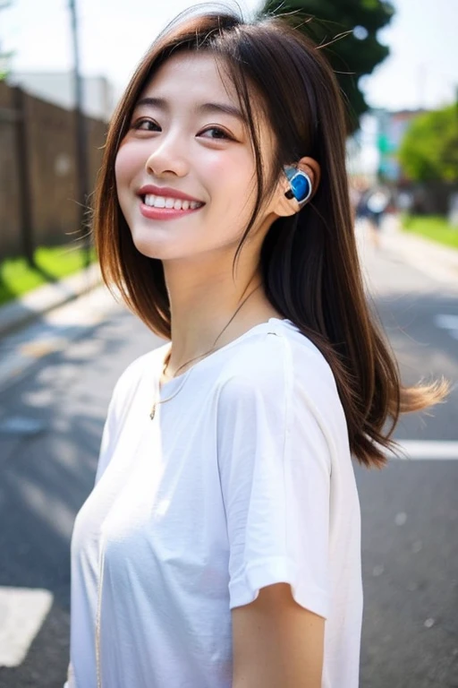 Japanese 20-year-old woman　Beauty　smile　headphone　Looking out　White T-shirt