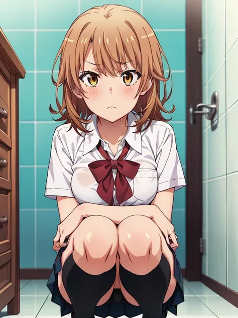 ((masutepiece, Best Quality, hight resolution, nffsw, Perfect Pixel, depth of fields, 4K, )), 1girl in, Solo, , Beautiful anime girl, Beautiful Art Style, 
squatting:1.3, bathroom background, Looking at viewer. 
Perfect body, serious face, show teeth, fron...