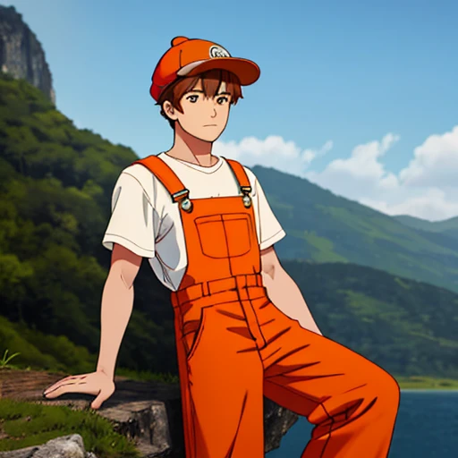 human Male , wearing Orange hat , Brown cap hair, overall Pants , 