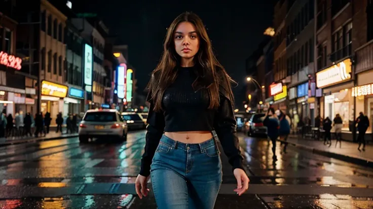 A young woman wearing tight jeans walking on the street of a big city at night, long brown hair, en face, looking at the camera, neon lights, raining, festive atmosphere