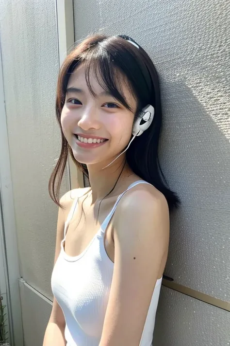 20 year old Japanese woman　beauty　smile　headphone　look outside　White tank top　slender