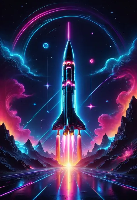 the aesthetics of vaporwave,landscape painting,rocket in neon colors,rocket launch site,rocket,star,star cloud,universe,confused...