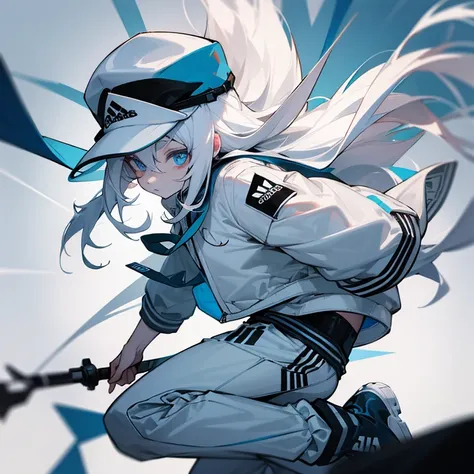 Long white hair, hat, Adilas jacket with Adidas pants with white skin and Chupa Chups