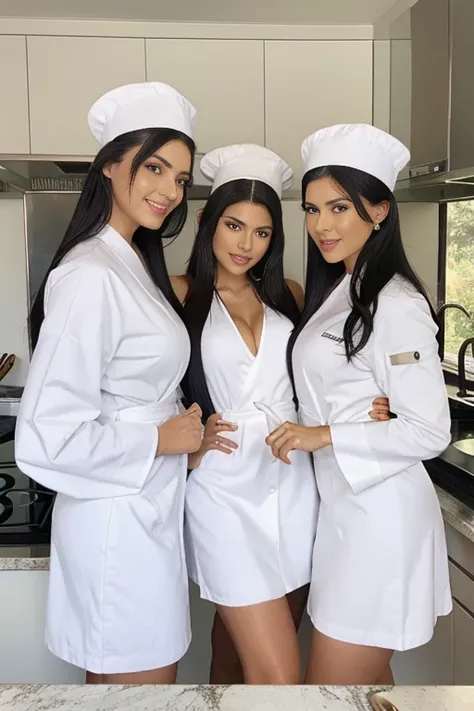 three women in uniforme blancos posing for a picture en una cocina, Servidor en el medio, disfrazado de pastelero, posing for a playboy photo shoot, delantal blanco, dressed in white robes, !5 Diosas de tres ojos, con gorro de chef blanco, en una cocina, c...