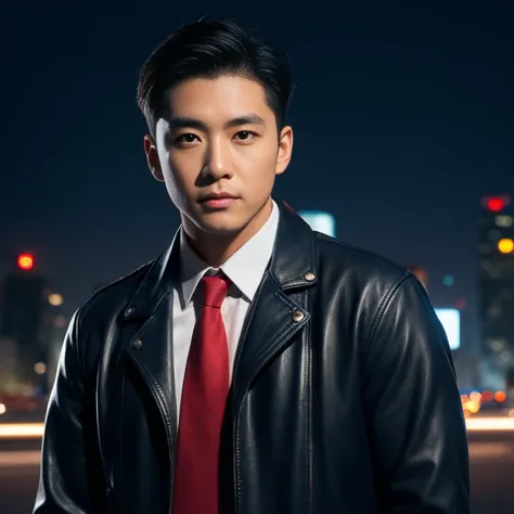 Handsome Asian man with short, cropped hair cut,) Look straight and focus on the face clearly.,) On the city streets at night, Modern skin-tight leather jacket and red tie.,Blue,black,) Exaggerated colors cool action poses,) 8K images, Shot with a high qua...