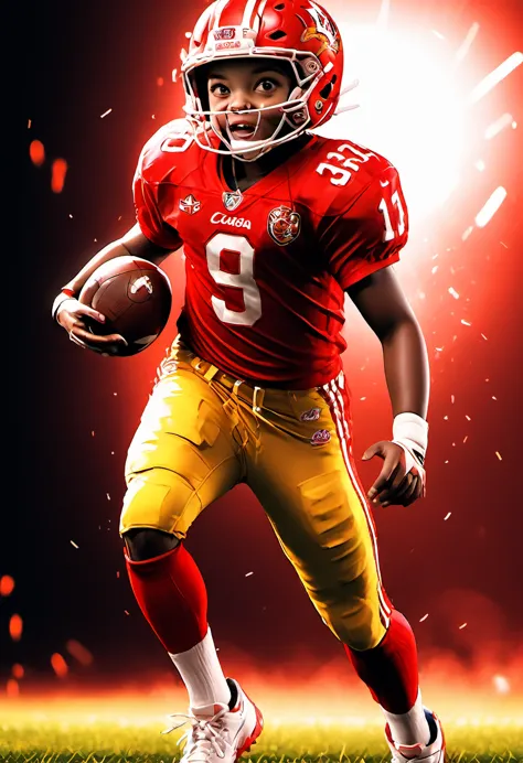 in this fantastic scene a full body  american footballer toddler is wearing red and gold kansa city uniform and helmet, mid acti...