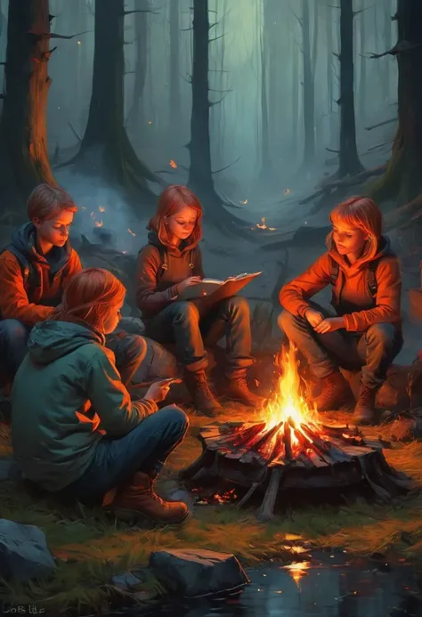 Campfire, by lois van baarle, best quality, masterpiece, very aesthetic, perfect composition, intricate details, ultra-detailed