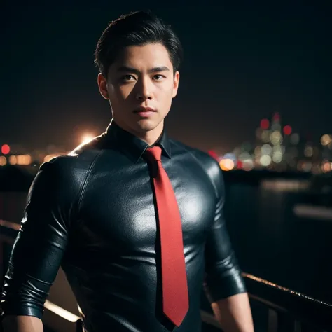 Handsome Asian man with short, cropped hair cut,) Look straight and focus on the face clearly.,) Community in the city at night, A modern skin-tight leather long flowing bodysuit with a red tie.,Blue,black,) Exaggerated colors cool action poses,) 8K images...