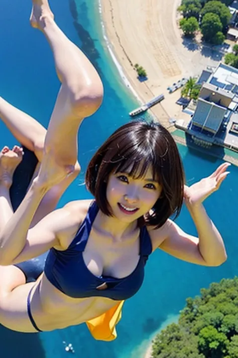 Japanese２０A beautiful woman in her late twenties with a bob cut is skydiving４０００Meters、She is sensual、Micro Bikini、very sexy swimsuit、They have their arms and legs spread out and look like they are having a great time.！