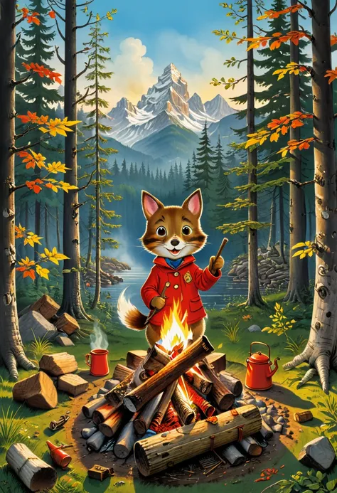 Campfire, by Richard Scarry, (masterpiece, best quality, Professional, perfect composition, very aesthetic, absurdres, ultra-detailed, intricate details:1.3)