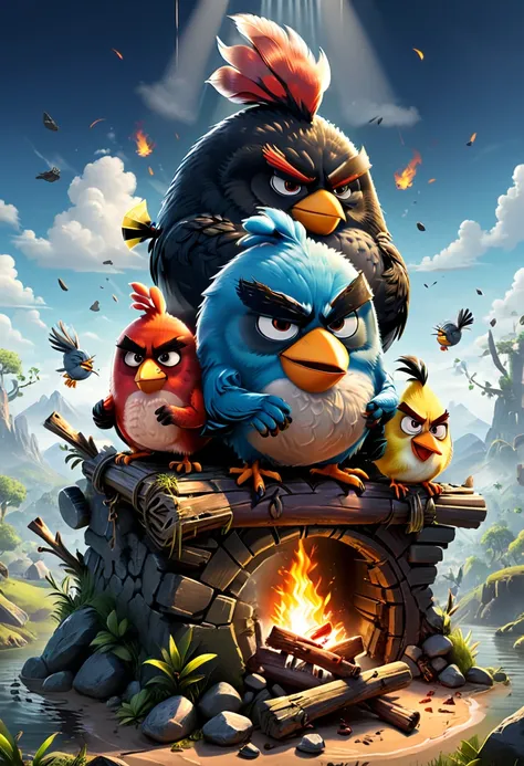 Campfire, angry birds, (masterpiece, best quality, Professional, perfect composition, very aesthetic, absurdres, ultra-detailed, intricate details:1.3)