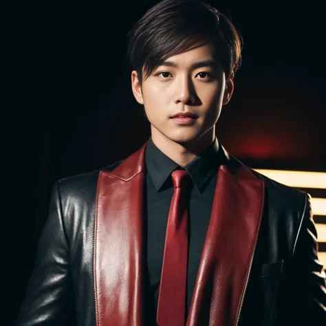 Handsome Asian man with short, cropped hair cut,) Look straight and focus on the face clearly.,) Community in the city as the sun nears setting, the red light glistens., Modern leather long flowing bodysuit with red tie.,Blue,black,) Exaggerated colors coo...