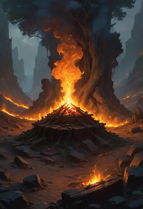 Campfire, by Noah Bradley, best quality, masterpiece, very aesthetic, perfect composition, intricate details, ultra-detailed