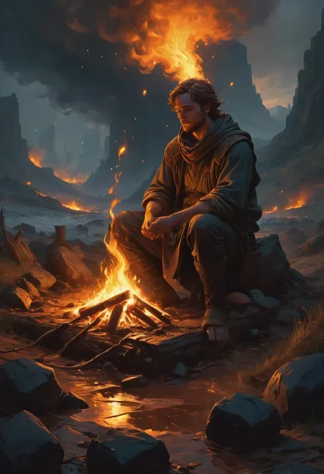 Campfire, by Noah Bradley, best quality, masterpiece, very aesthetic, perfect composition, intricate details, ultra-detailed