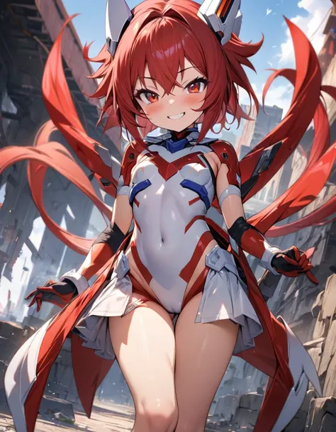 masterpiece, best quality, ultra-detailed, 1girl, 12 years old, transform battle heroine, red and white skinny battle costume, red hair, long twin tail, red eyes, smile, 