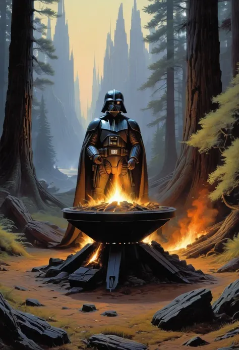 Campfire, by Ralph McQuarrie, best quality, masterpiece, very aesthetic, perfect composition, intricate details, ultra-detailed