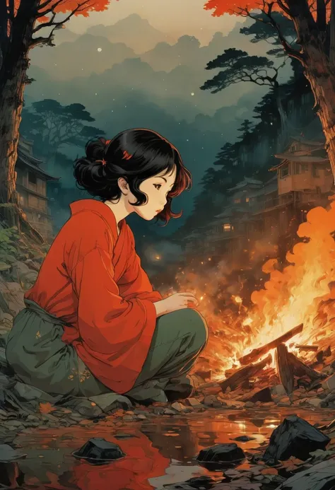 Campfire, by Satoshi Kon, best quality, masterpiece, very aesthetic, perfect composition, intricate details, ultra-detailed