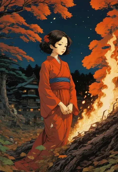 Campfire, by Satoshi Kon, best quality, masterpiece, very aesthetic, perfect composition, intricate details, ultra-detailed