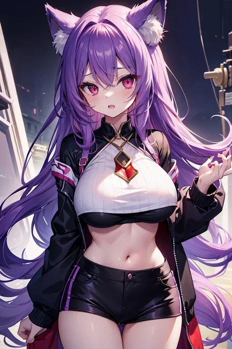 Fox Girl, Large Breasts, Voluminous purple hair, masterpiece , Red eyes, hd, Head to Chest, buried in my chest、Underboob、Double teeth、tooth、Crop tops