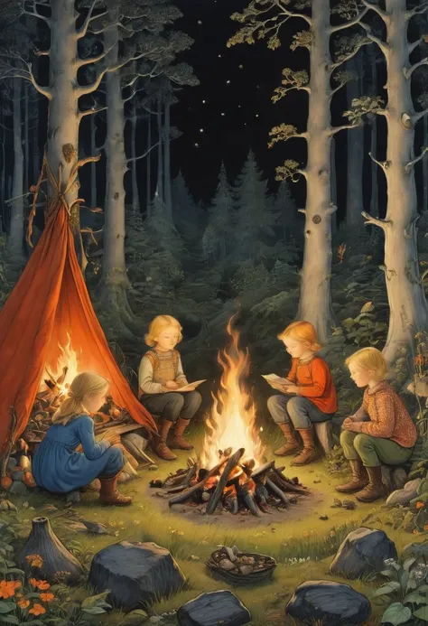 Campfire, by Elsa Beskow, best quality, masterpiece, very aesthetic, perfect composition, intricate details, ultra-detailed