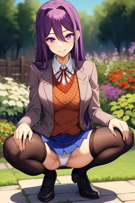 2d, masterpiece,  white panties, slim body, slim legs, spread legs, best quality, ((full body)), full pose, anime, highly detailed, cowboy shot, 1girl, solo, yuri, purple hair, purple eyes, long hair, hair between eyes, hairclip, , blazer, brown sweater, c...