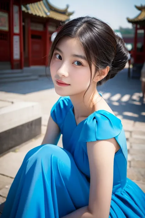 lady, Chinese, beautiful, 15 years old, Three Kingdoms, photorealism, blue dress