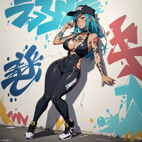 anime style, graffiti woman, graffiti on the wall, seminude against the wall, side cap, bright colors, good figure, good curves, highest quality tattoos, ultra detailed, tattooed breasts, 8K, full body