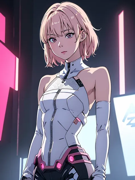 digital art drawing, illustration of (Winter from k-pop group aespa, short white hair with bangs, brown eyes, flat chest, anime girl, exoskeleton, one pink metal robotic arm, one skin arm, evil look, Mechanical torso, neon details, cyberpunk 2077), anime d...