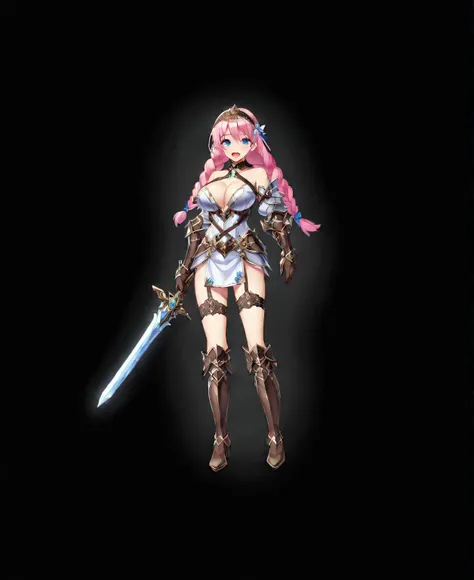 1girl weapon solo sword blue-eyes long-hair braid boots shield pink-hair breasts twin-braids smile open-mouth cleavage black-background choker large-breasts full-body bare-shoulders looking-at-viewer simple-background hairband blush armor gloves dress :d k...