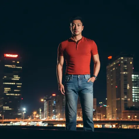 Handsome Asian man with short, cropped hair cut,) Look straight and focus on the face clearly.,) Community in the city at night, An old, torn, tight-fitting jeans outfit.,) Exaggerated colors cool action poses,) 8K images, Shot with a high quality camera w...