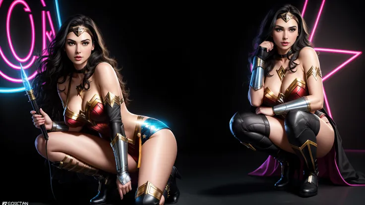 there  IS GAL GADOT AS WONDER WOMAN squatting, long hair, 3 d neon art of a womans body, neon-noir background, cyberpunk femme fatale, seductive cyberpunk dark fantasy, cyberpunk strip clubs, cyberpunk 20 y. o model girl, oppai cyberpunk, banner, high defi...