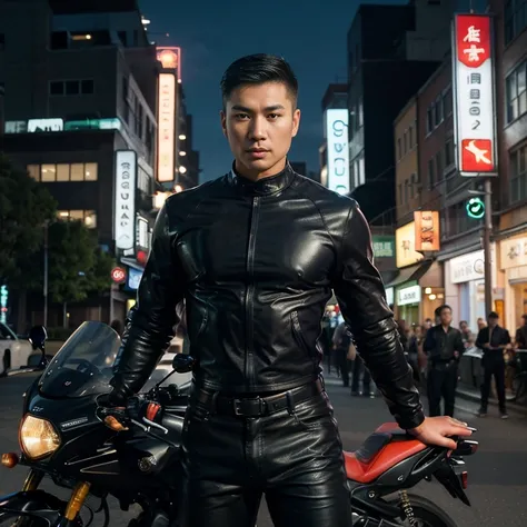 Handsome Asian man with short, cropped hair cut,) Look straight and focus on the face clearly.,) Community in the city at night, Wear tight leather outfits.,) Exaggerated colors cool action poses,) 8K images, Shot with a high quality camera with 4500000000...