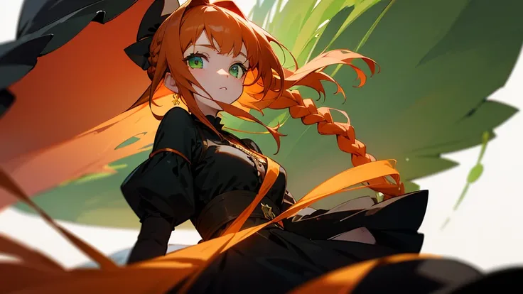 Dark orange hair、Green Eyes、Braid、Black Dress、Lolita、mysterious、gem、White background