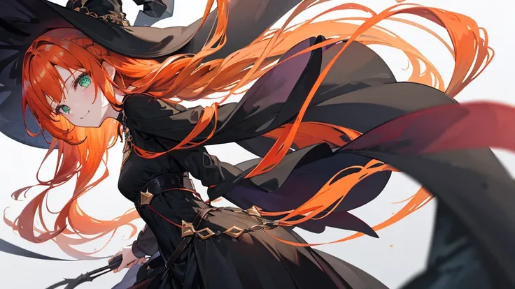 Dark orange hair、Green Eyes、Braid、smile、Black Dress、witch、mysterious、gem、White background