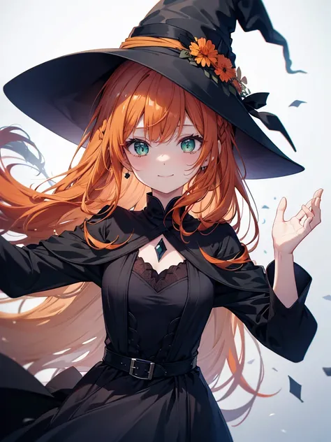 Dark orange hair、Green Eyes、Braid、smile、Black Dress、witch、mysterious、gem、White background