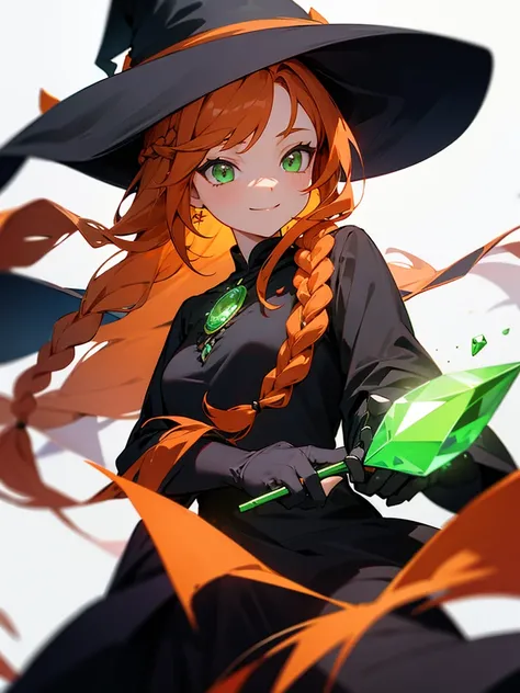 Dark orange hair、Green Eyes、Braid、smile、Black Dress、witch、mysterious、gem、White background