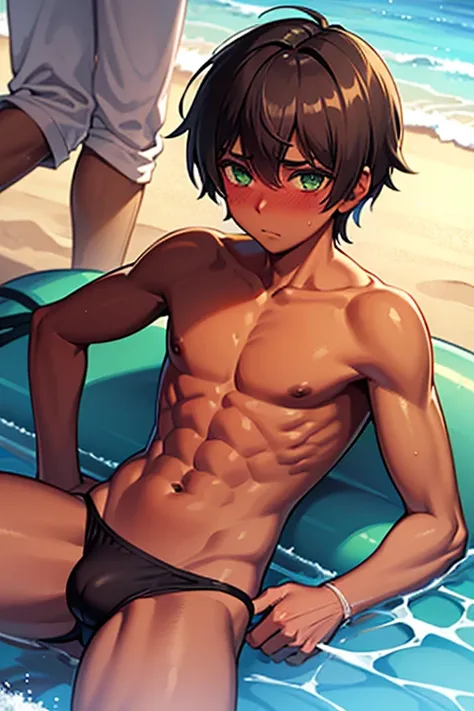 masterpiece, best quality, beach, (1boy, male focus, mature male), solo focus, hot, brown hair, short hair, green eyes, ((dark-skinned male, dark skin)), waves, blush, nose blush, full-face blush, embarrassed, Anime, more_details:-1, more_details:0, more_d...