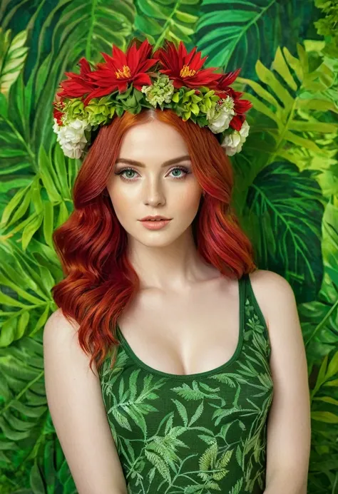 The image portrays a young woman with striking red hair, adorned with a crown of vibrant red flowers and lush green leaves. Her eyes, a captivating shade of green, seem to sparkle with a hint of mischief. She is dressed in a green top that complements the ...