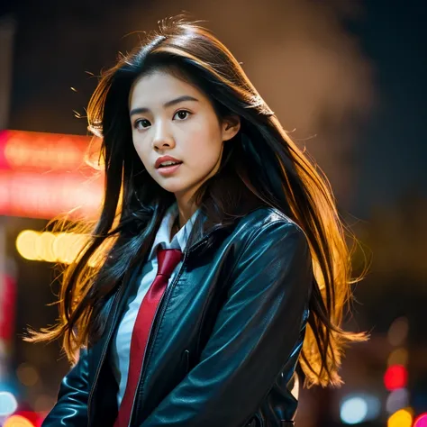 Young Asian woman with long flowing hair blowing up,) Look straight and focus on the face clearly.,) Community in the city at night, He wore a leather jacket and a red tie.,Blue,black,)  Exaggerated colors cool action poses,) 8K images, Shot with a high qu...