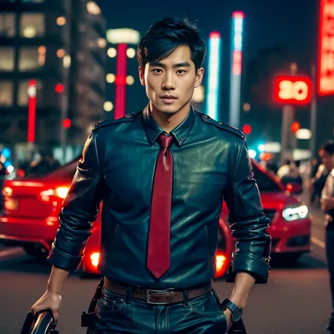 Handsome Asian man with short, cropped hair cut,) Look straight and focus on the face clearly.,) Community in the city at night, He wore a leather jacket and a red tie.,Blue,black,)  Exaggerated colors cool action poses,) 8K images, Shot with a high qualit...