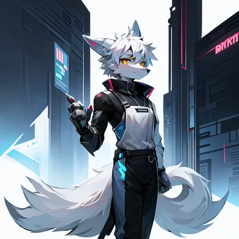 cyber punk perssonage，epcot，Tech style，solo person，White body，White ears，White hair，Overall white，Orange-yellow eyes，Wolf tail，Wolf orcs，Young，Wear a short-sleeved shirt，Ultra-clear screen，Soft lines