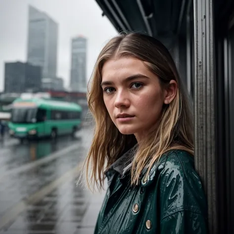 Close-Up, wide angle, (Sadie Wilkinson with rain-soaked hair, contemplative expression), soft streetlamp glow, (standing under a dripping awning, city skyline in the background), (24mm lens, Panasonic Lumix GH5, atmospheric details, professional, candid ph...