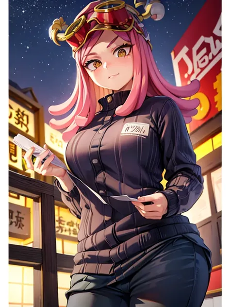 hatsume mei(mha), 1girl solo,cabello rosado,cabello corto,gafas en la cabeza, ropa china,golpes,symbol-shaped pupils, ojos amarillos, feliz, mirando al espectador, al aire libre,fuegos artificiales,Noche,festival, profundidad de campo, Justo, cara perfecta...