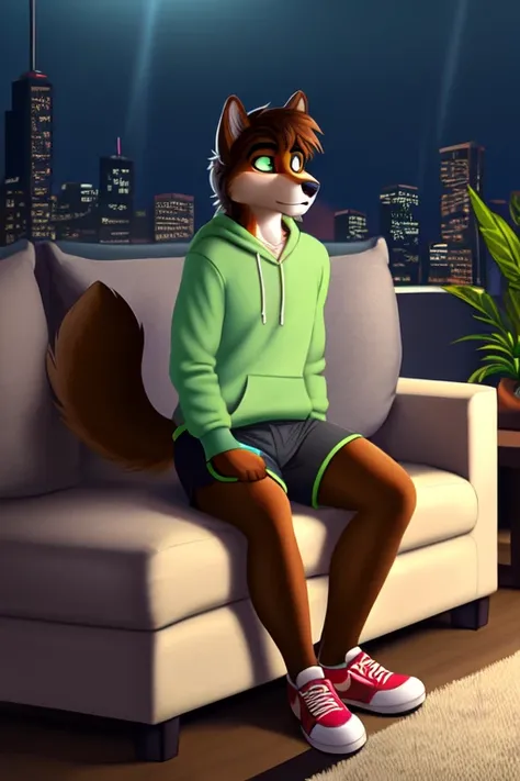 ((best quality)), ((masterpiece)), (detailed), perfect face, Furry, anthropomorphic wolf, Russet brown fur, dark brown hair, dark green eyes, 61 and 173 lbs, 41" Chest, 19" Shoulders, 13" Biceps, 32" waist, 23" Thighs, 15" Calves, 19" Back, wearing lime gr...